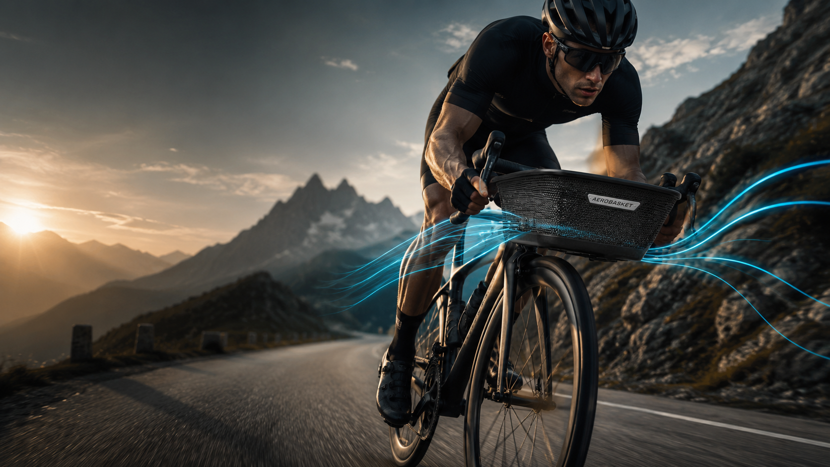 Cyclist riding with AEROBASKET on a mountain road