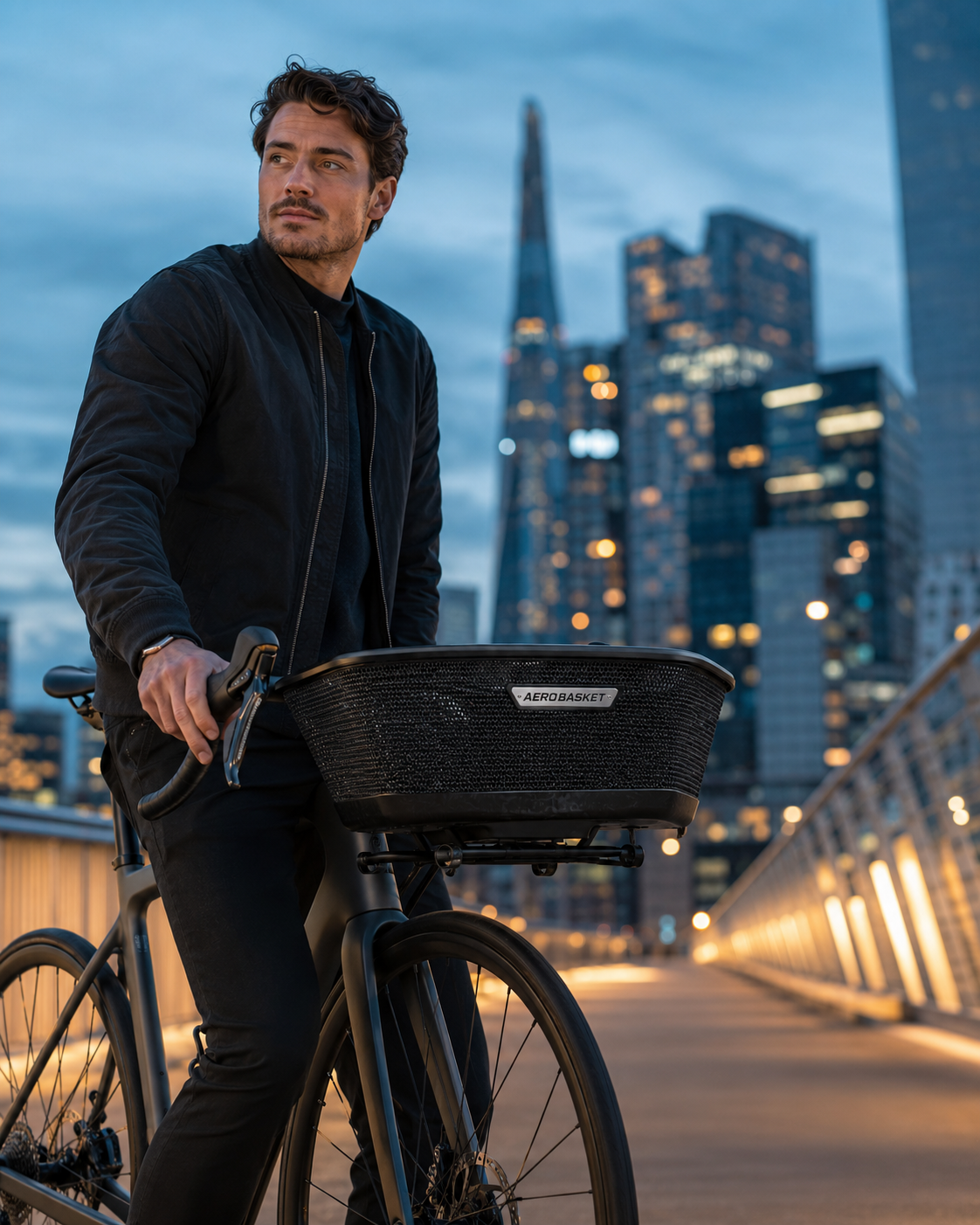 Man with bicycle and AEROBASKET in the city at dusk